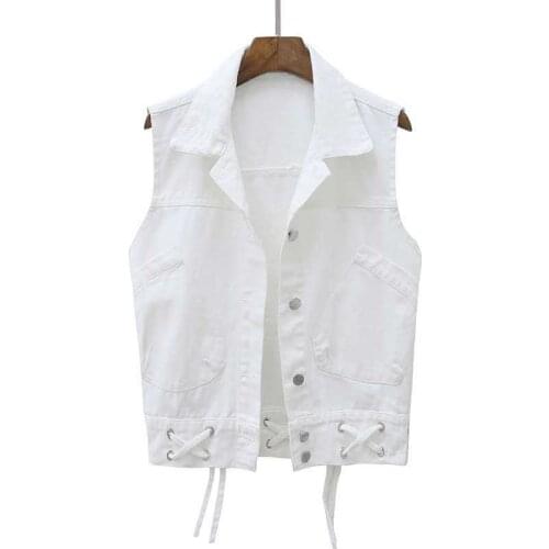 Idopy Women Denim Vest Sleeveless Jacket Cute Style Big Pockets Lace Up Casual Slim Fit Jean Gilet Waistcoat For Female