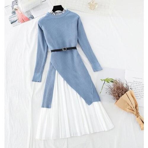 High quality Two Pieces Suit Women Sweater Knitted Dress Autumn Winter Long Sleeved Sweater + Lotus leaf collar Vest Dress Suit