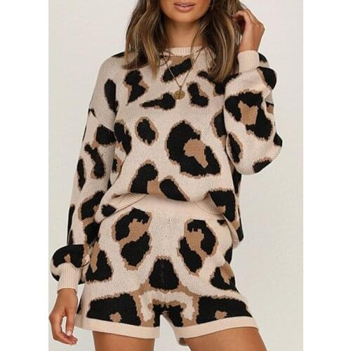 Retro Leopard Print Knit Women Sweater Set O Neck Pullover Jumper Top Knitted Elastic Waist Shorts 2 Pcs Set 2021 Pullover