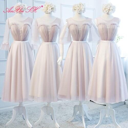 AXJFU princess pink lace flower Bridesmaid Dress fashion illusion o neck ruffles a line lace up short bow Bridesmaid Dress