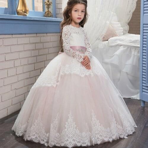 Lovely White Lace Appliques Flower Girl Dresses Sash Long Sleeves Puffy Floor Length 2017 Girls First Communion Dresses