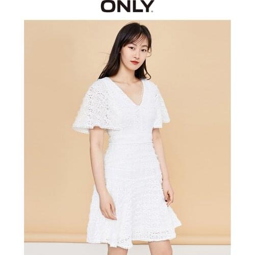 ONLY summer French temperament V-neck lace waist thin A-line dress female | 120161509