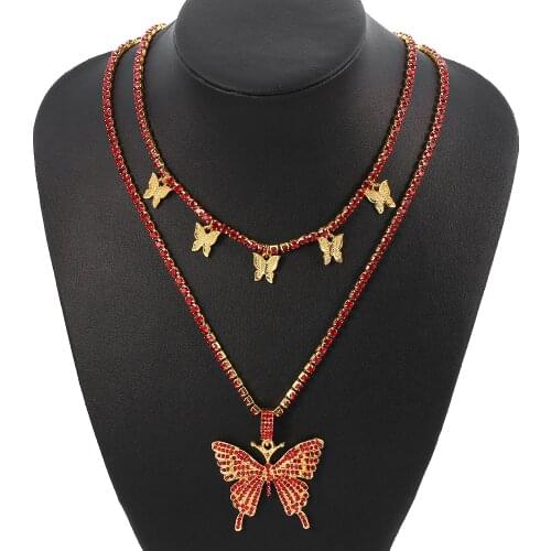 2 Pcs/Set Hip Hop Gold Color Chain Charm Choker Necklace Red Crystal Butterfly Pendant Fashion Women Necklaces Jewelry Gifts