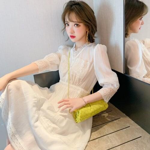 Awarose Lace Up V-Neck Puff Sleeve High Waist Knee Length Dress For Women Summer Elegant Sexy Button Party Dresses Lady Vestidos