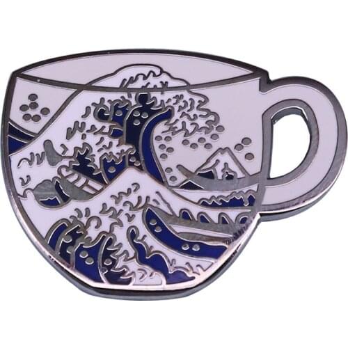 The Great Wave of Tea Cup Brooch katsushika hokusai Badge Japanese Culture Enamel Pin Gift