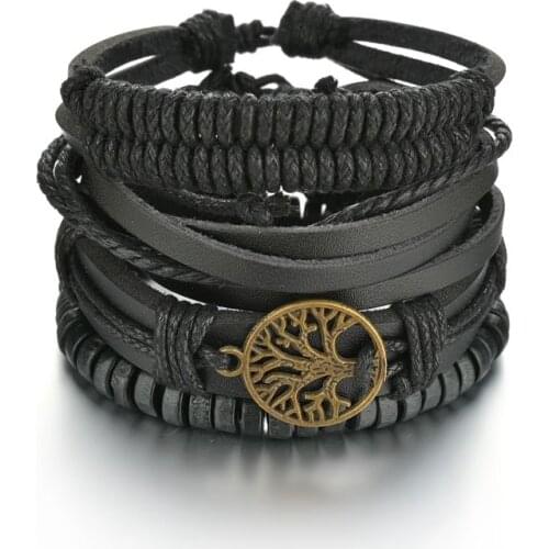 Black Beads Charm Hollow Life Tree Handmade Woven Men Leather Bracelets Women Vintage Bangle Male Jewelry Accessories