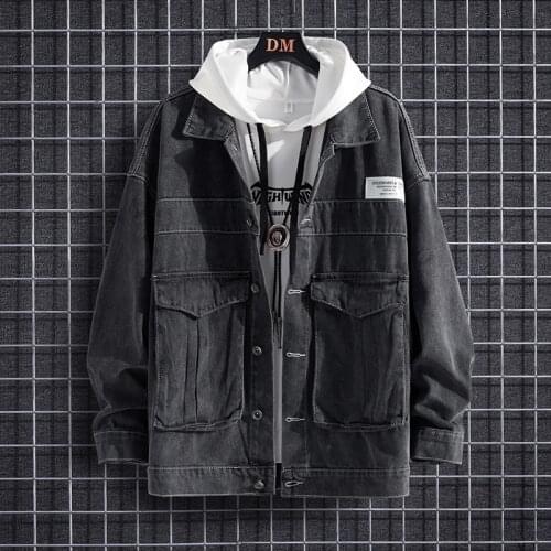 2021 Fashion Simple Denim Jacket Lapel Large Pockets Pure Color Patches Youth Student Loose Casual Spring Autumn Jacket