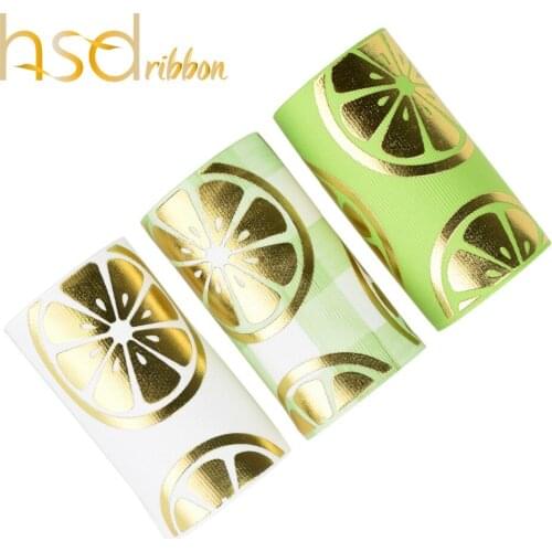 HSDRibbon custom 75MM 3 inch summer series lemon pattern gold Foil Printed on Grosgrain Ribbon