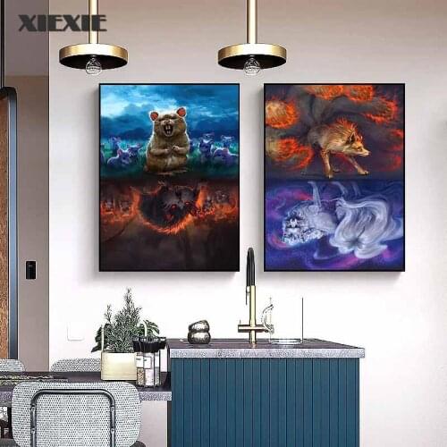 Fantasy Animal Reflection Canvas Painting Cat Mouse Wolf Poster and Prints Modern Wall Art Picture for Home Living Room Decor