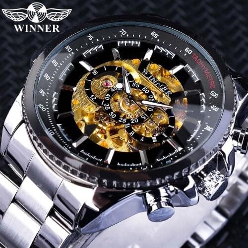 Winner Clock Black Golden Skeleton Dial Luminous Design Mechanical Watch for Men Top Brand Luxury Folding Clasp with Safety
