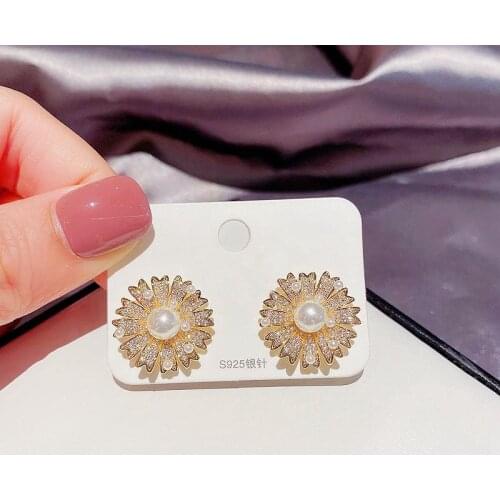 MIGGA Imitation Pearl Paved Cubic Zirconia Flower Stud Earrings Gold Color Elegant Women Luxury Jewelry