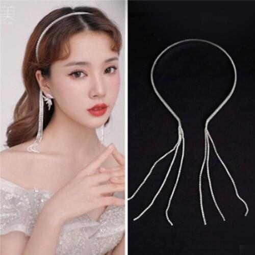 Fashion Rhinestones Tassel Imitation Dangle Earring Hairband for Women Girls Ornaments Hair Hoop Wedding Party Hair Accessories
