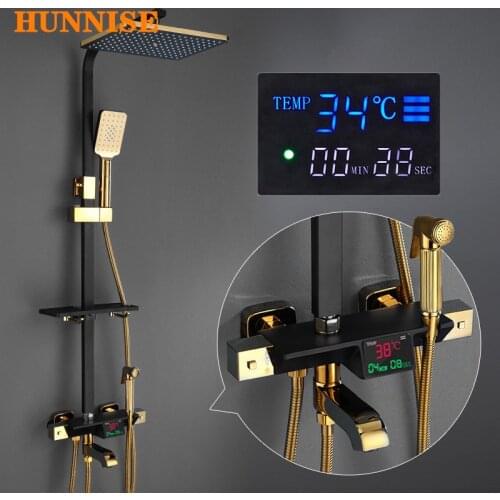 Thermostatic Shower Mixer Set Black Gold Digital Bathroom Shower System Rainfall Shower Head Thermostatic Bath Shower Set