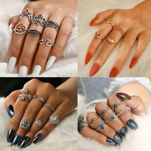 Bohemian Women Fashion Crystal Pearl Ring Heart Star Geometry Joint Gold Rings Set Ladies Wedding Trendy Jewelry Gift