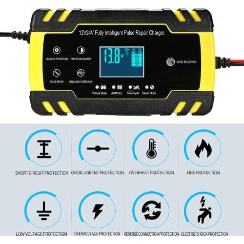 New Upgrade Car Battery Charger 3-Stage 12V 24V Smart Intelligent LCD Display Motorcycle Truck Automatic Battery Charger