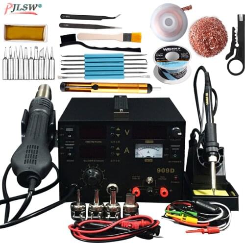 High qualkity 909D Soldering iron+Hot Air Gun+Power Supply 220V Soldering/Hot air gun 3in1multi-function electric rework station