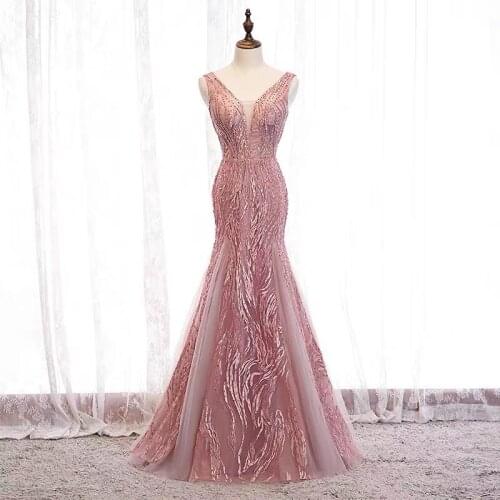 Luxury Blush Pink Mermaid Prom Evening Dress V-Neck Sexy Bling Lace Sequins Beaded Backless Long Banquet Party Ball Gowns Formal