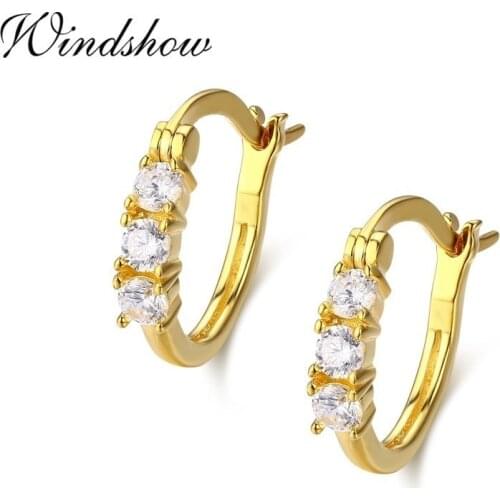 Cute 925 Sterling Silver Gold Color Three CZ Stones Small Loop Creole Huggie Hoop Earrings For Women Jewelry Kids Girls Arose