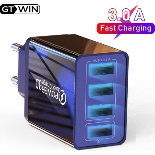 GTWIN 4 Port USB Charger Quick Charge 3.0 48W Fast Charging EU UK Plug Wall Mobile Phone Adapter For iPhone Samsung Xiaomi mi 11