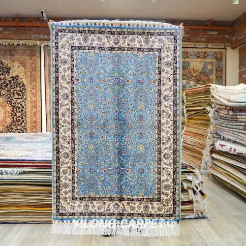 Yilong 2.7'x4' Hereke silk carpet light blue vantage turkish oriental silk rug (YWX105A)