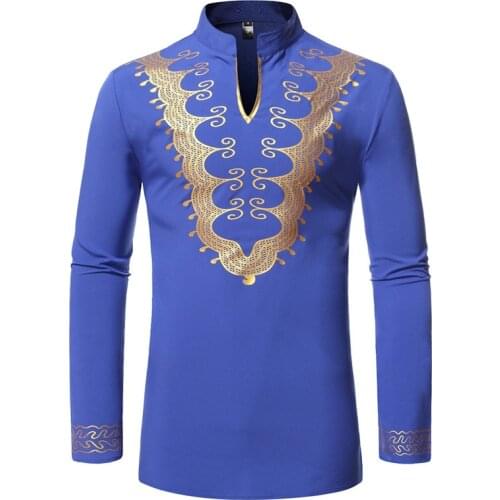 Royal Blue African Dashiki Print Shirt Men 2020 Fashion Streetwear African Clothes Men Slim Fit Long Sleeve African Dress Shirt