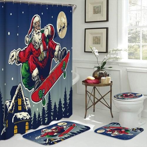 Santa Claus Skateboarding Pattern Bathroom Curtains Christmas Print Toilet Bathroom Mat Shower Curtain Holiday Party Home Decor