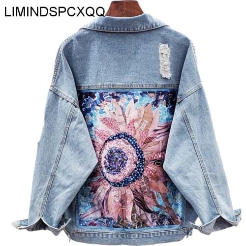 Printing Floral Appliques Rhinestone Womens Denim Jackets Feminine Spring Autumn Boho Sequin Coats Long Sleeve Outerwear Female
