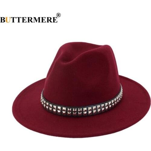 BUTTERMERE Cotton Fedoras Women Burgundy Casual Jazz Hat Ladies Elegant Metal Wide Brim Felt Hat Female Autumn Winter Fedora Cap