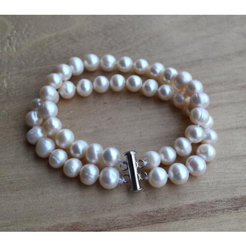 Stunning Pearl Jewelry,AA 8-9MM 8 Inch 2Rows White 100% Real Freshwater Pearl Bracelet,Natural Pearl Beads Jewelry.Magnet Clasp