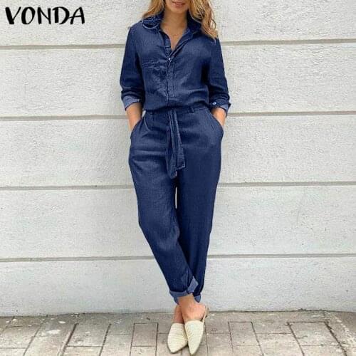 Women Long Jumpsuit Spring Autumn Denim Playsuits VONDA 2021 Ladies Pantalon Loose Long Sleeve Lapel Button Up Office Overalls