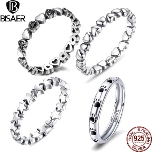 BISAER 925 Sterling Silver LOVE Heart Wedding Ring Jewelry STAR Footprints Silver 925 Finger Rings for Women Engagement Anel