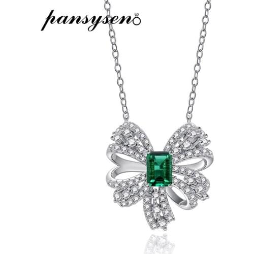 PANSYSEN Luxury Silver Necklace Solid 925 Sterling Silver Emerald Created Moissanite Gemstone Pendant Necklaces Anniversary Gift
