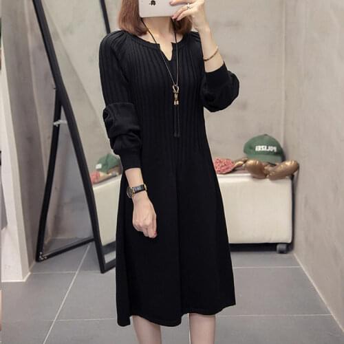 Plus Size Sweater Black Knit Dress Autumn And Winter 2021 Fashion Korean Slim Puff Sleeve Loose V-Neck Long Jumper Female M77