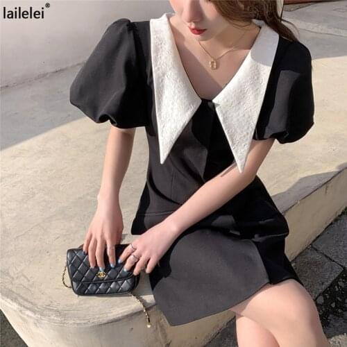 Turn-Down Collar Puff Sleeve Dress Black Vestidos De Verano Mini A-Line Vestidos Cortos Vintage Korean Robe Femme Chic Fashion