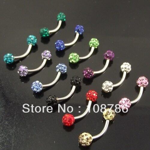 24pcs 16G Free shipping Wholesale Fashion Barbell Eyebrow Rings Full Double Crystal Ball Eyebrow Ring Body Piercing Jewelry