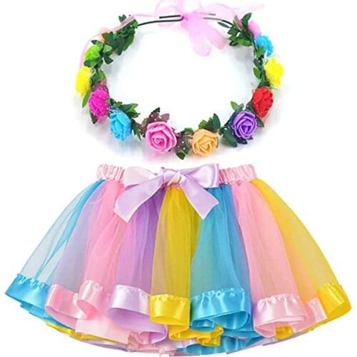 10pack Girls Rainbow Colors Tutu Layered Tulle Ballet Skirt with Flower Crown Headband Wreath Christmas Halloween Costumes