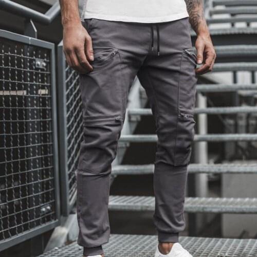 Men Pants Multi Zipper Pockets Training Fashion Trousers Solid Color Casual Sports Ankle Tied Mid Waist Cargo Long Pants