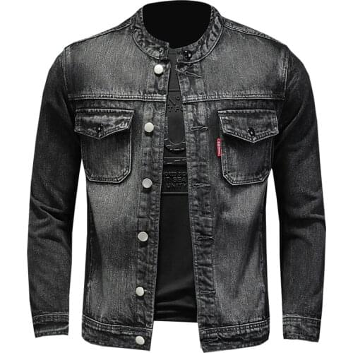 Chaqueta vaquera negra para hombre, abrigo informal de algodón con cuello levantado, ropa de manga larga ajustada, Jeans de moto