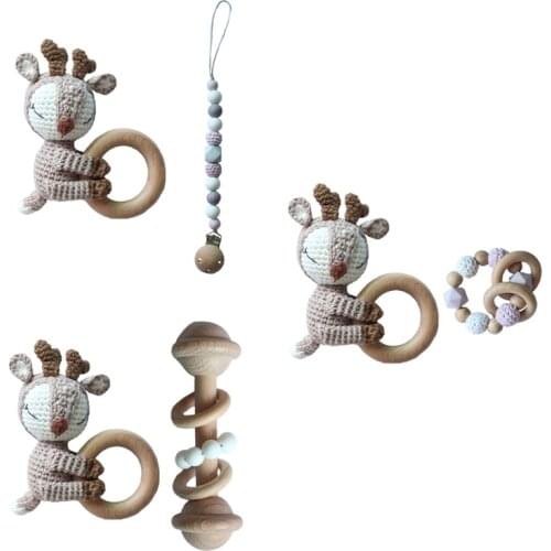 Baby Pacifier Clip Chain Dummy Holder Wooden Teething Bracelet DIY Crochet Animal Deer Teether Infants Rattle Soother