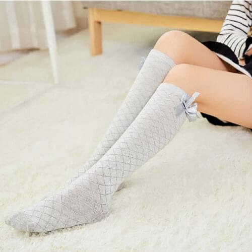 Bow Combed Cotton Girls Thigh High Socks Diamond Lattice Mesh Candy Bar Cotton Children Hose Socks