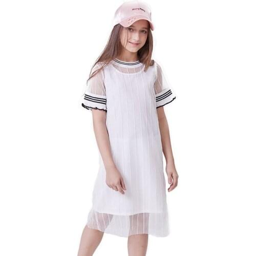 Kids Dresses for Girls Summer 10 to 12 years White Mesh Dress 2pcs Fashion Sport Dress Teenage Girl Clothing 2019 Wholesale