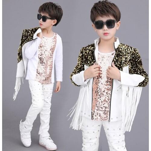 Childrens Stage Costumes Hip Hop Clothes Street Dance Outfit Fringe Coat Suit Boys Singer Drum Performance Wear Rave DNV14456