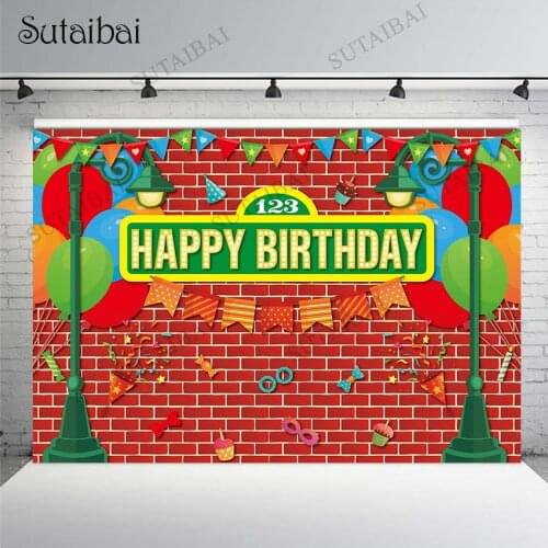Sesame Street Photography Backdrop Red Brick Wall Birthday Party Background Balloon Decorations Banner Photocall Photo Studio