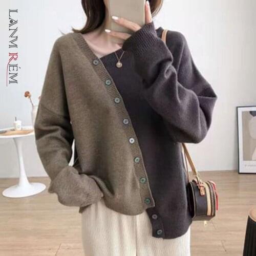LANMREM 2021 Autumn New Irregular Knitting Pullover Women Loose Long Sleeve Stitching Color Patchwork Sweater Female 2W389