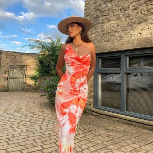 Summer Beach Sexy Midi Dress Tie Dye Print Backless Bandage Bodycone Sundress Elegant Lady Women Club Party Holiday Cami Dress
