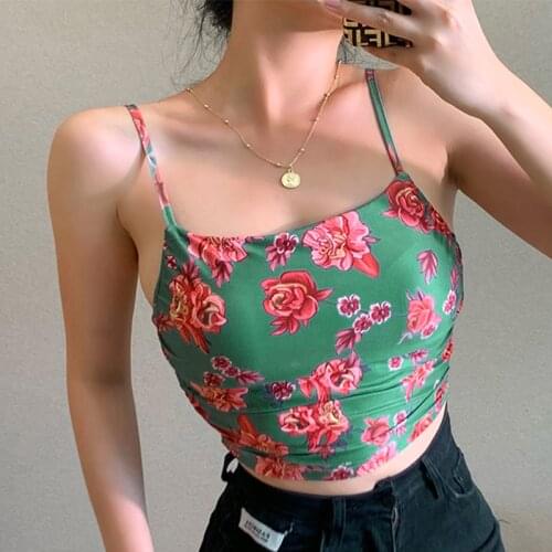 Mall Goth Floral Print Tops Streetwear Sexy Backless Bustier Camis Summer Vintage Green Basic Corset Top