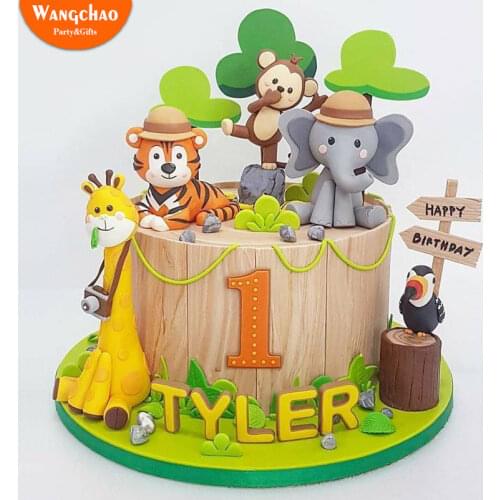 Lovely Forest Animals Gather Giraffes Tigers Elephants Safari Happy Birthday Cake Topper Jungle Party Supplies Kids Favors