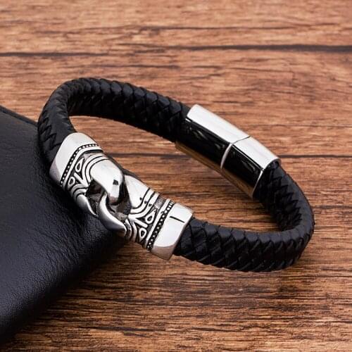 Fashion Stainless Steel Magnet Charm Genuine Leather Bracelets For Men Hand Jewelry Braided Black Punk Accessories Wholesale