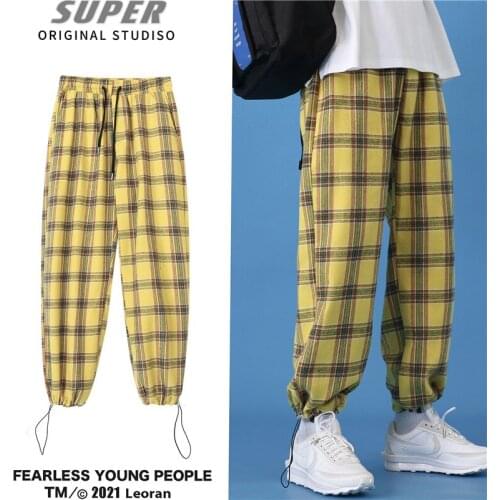Japanese Streerwear Men Plaid Pants 2021 Autumn Fashion Slim Man Casual Trousers Korean Male Harem Pants