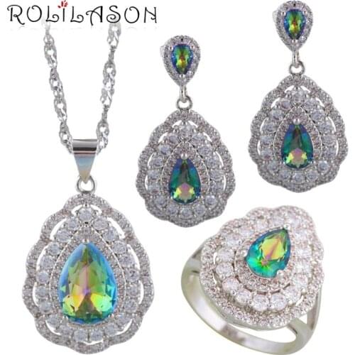 ROLILASON Rainbow color Zircon Water drop Silver filled 925 stamped Wedding Jewelry Sets Earrings Necklace rings JS704
